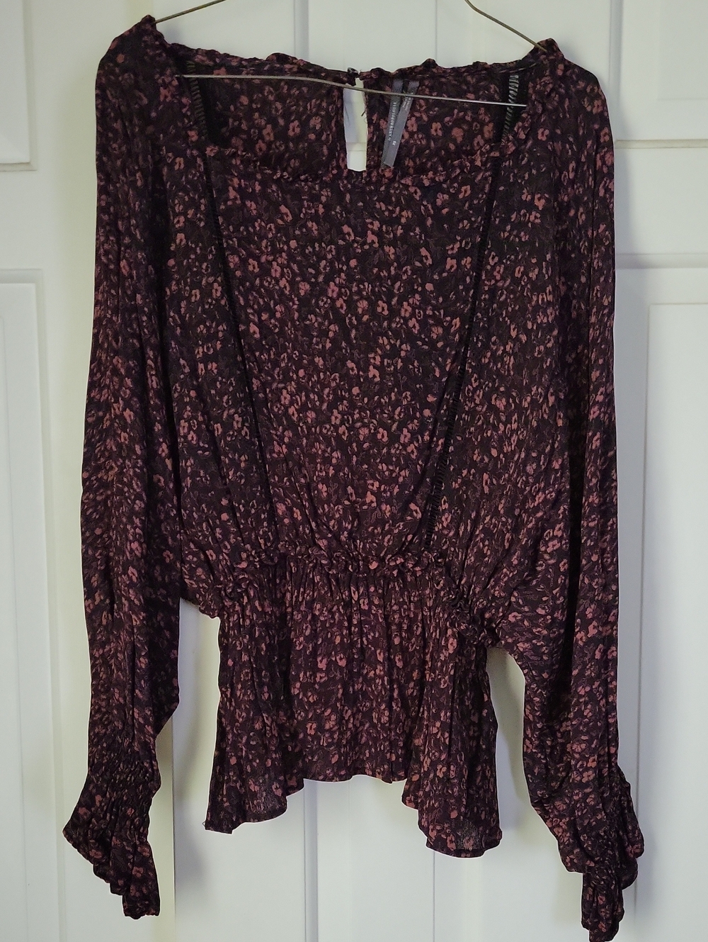 Anthropologie Black Floral Smocked Waist Blouse Sz Xs Whimsigoth Witchy